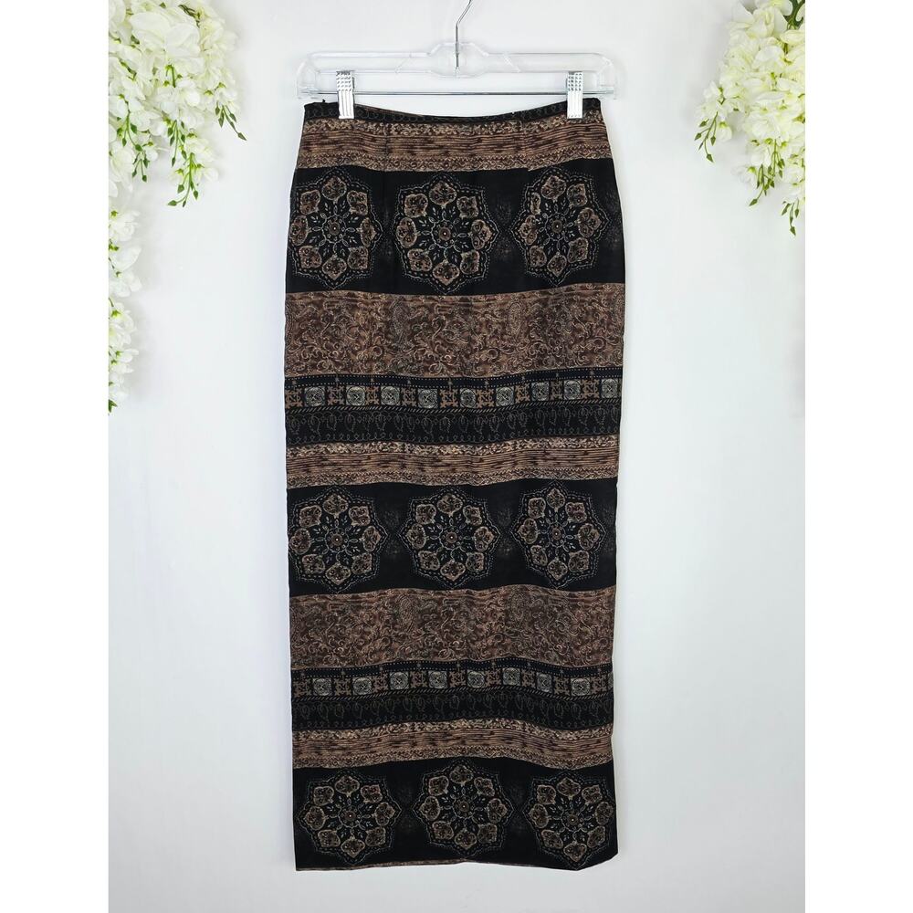 Vintage Wrap Maxi Skirt Size 8 Black Brown Medallion Print Dark Boho Grunge 90s - Picture 3 of 12
